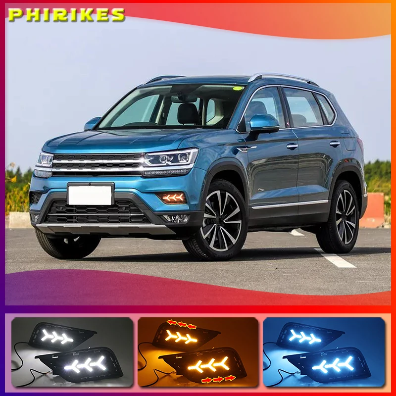 

1 пара светодиодный DRL Дневной светильник s для Volkswagen VW тару 2019 с желтым сигналом поворота колпак противотуманных фар; Темно-синие