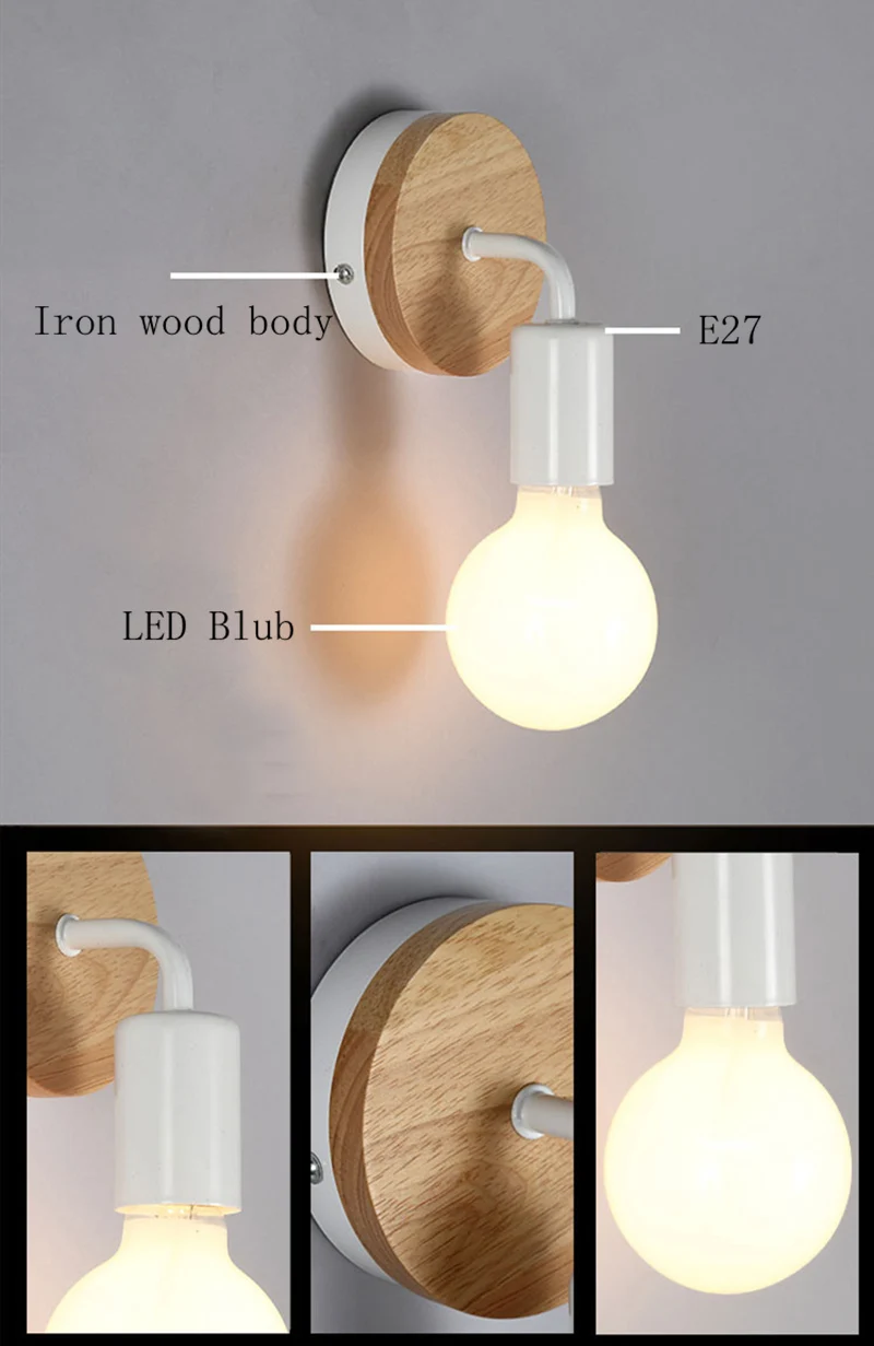 Скандинавский деревянный настенный светильник, современный скандинавский бра с выключателем для дома, светильник, ретро настенный светильник, Декор, лампа Эдисона, черный, белый, E27