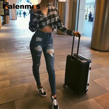 

KALENMOS Denim Jeans Women Stretch Skinny Ripped Hole Bodycon Slim White Black Jeggings High Waist Pencil Pants Sexy Trousers