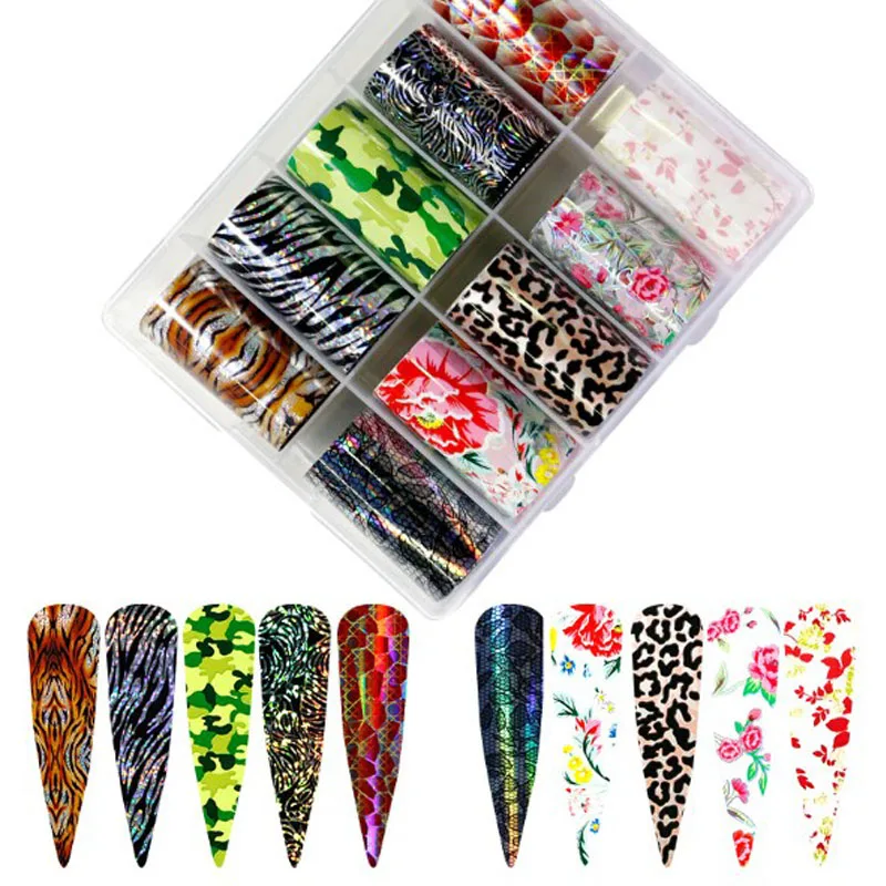 

Leopard print Snake Print Nail Foils Leopard Wild Animal Skin Transfer Sticker Sexy Slider Starry Wrap Decoration 10pcs/Box