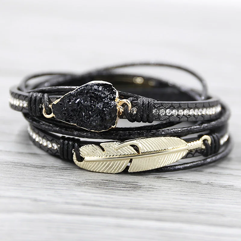 STRATHSPEY, черные Браслеты druzy для женщин, многослойный кожаный браслет, Золотая цепочка, натуральные браслеты, pulseras mujer moda