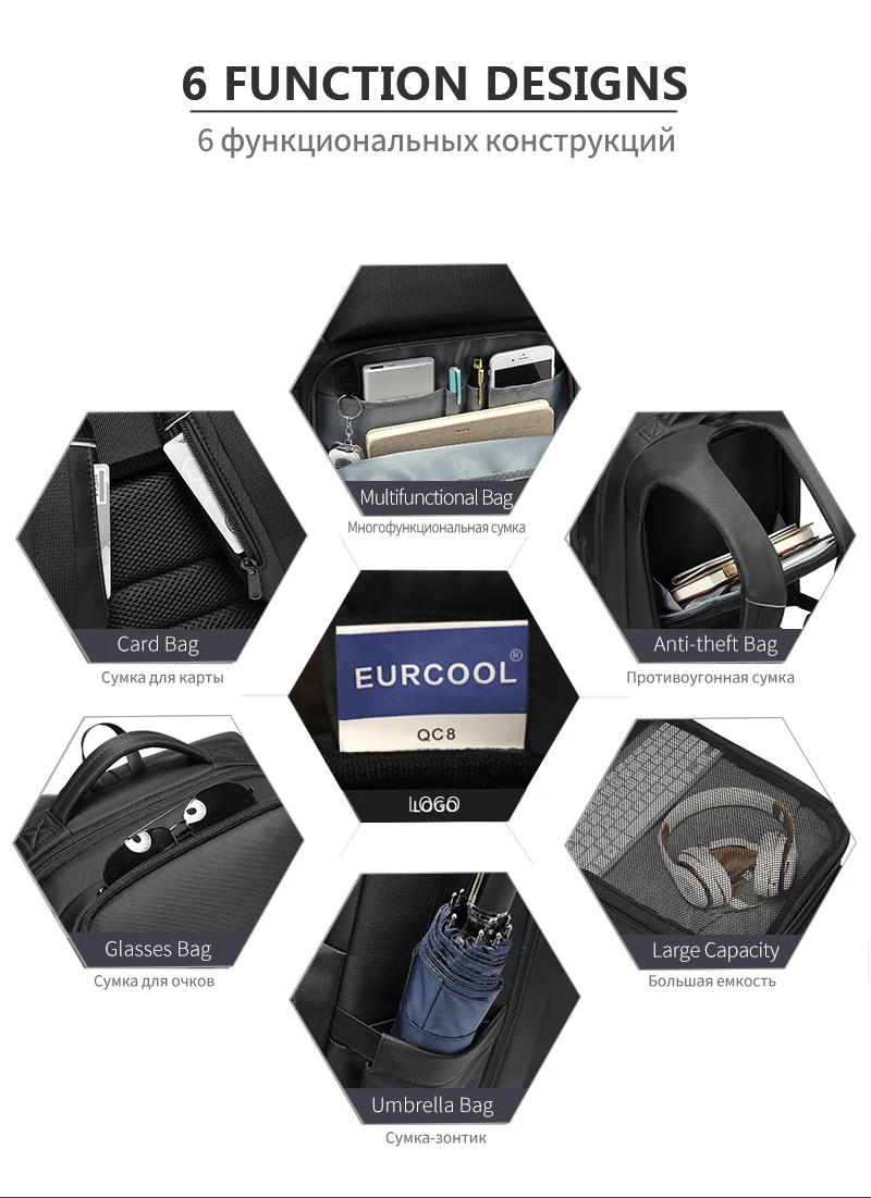 Мужской рюкзак для путешествий EURCOOL, большой черный рюкзак для ноутбука 17,3 д., водонепроницаемый рюкзак с защитой от краж и разъемом USB для зарядки, модель n0007