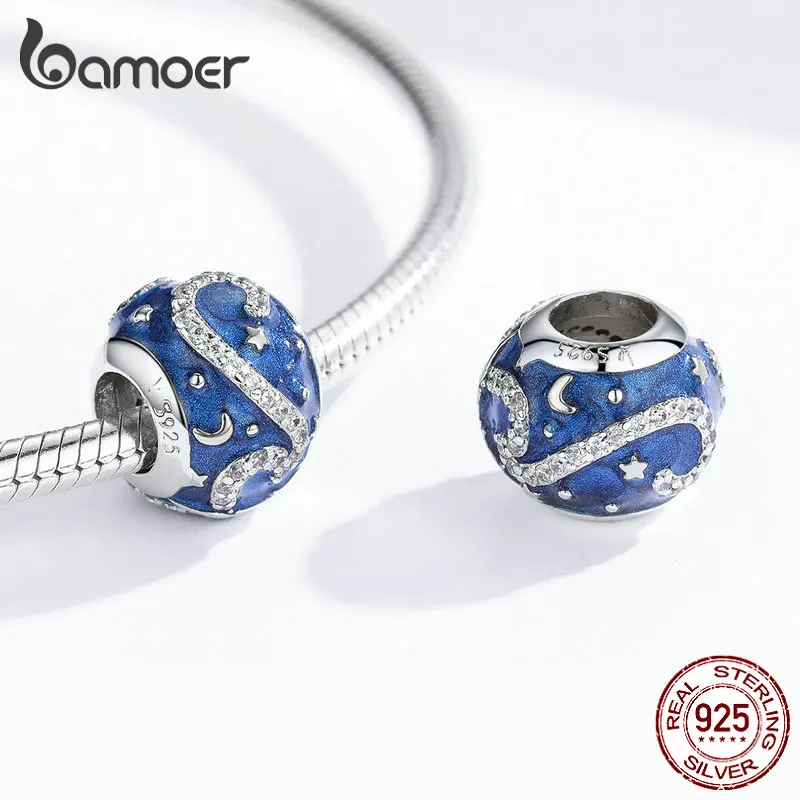 Bamoer 925 пробы серебро звездное небо ночь синий эмаль круглые бусины кулон подходит для женщин европейский браслет DIY Ювелирные изделия SCC1387