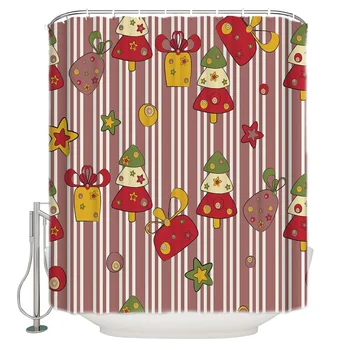 

Christmas Elements Vertical Striped Background Shower Curtain Waterproof Polyester With 12 Hooks