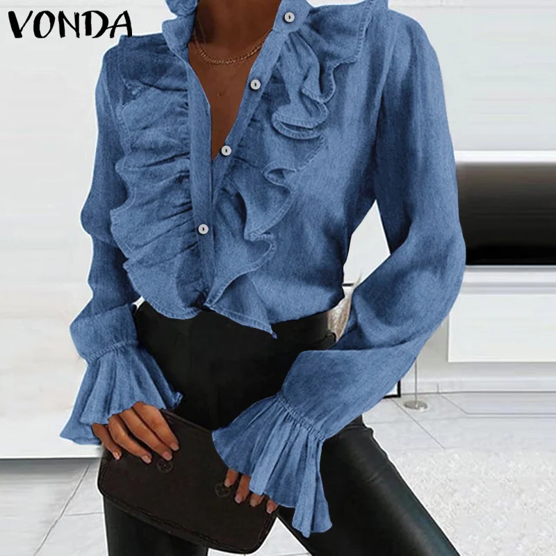 

Women Autumn Blouse Demin Office Ladies Tops 2020 VONDA Casual Loose Long Sleeve Lapel Neck Party Shirts Plus Size Tunic S-5XL