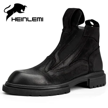 

HEINLEMI Spring Autumn Retro Genuine Leather Men Boots Slip-on Male Real Leather Safety Shoes Platform Motorcycle Man Boot