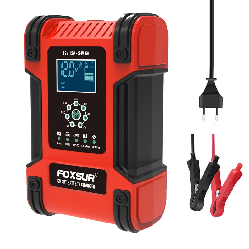 FOXSUR 12V 24V 12A импульсное Ремонтное зарядное устройство LiFePO4 мотоциклетное и