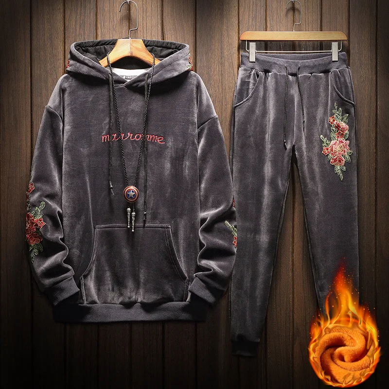 

Mens Tracksuit Winter Fashion Pattern Printing Plus Velvet Thick Warm Hooded Hoodies+sweat Pants Jogger Suits for Men