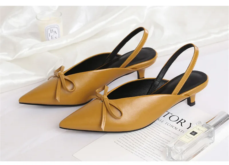 Genuine Leather White Black Ladies Wedding Shoe Sexy Pointed Toe Bowtie Party Shoes Slingback Pumps Women Slip On Yellow Sandals