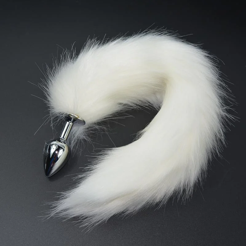 1PC Pure White Fox Tail Butt Metal Plug 35cm Long Anal Sex Toy Animal RolePlay Cosplay with Real Racoon Dog Hiar Sex Products09
