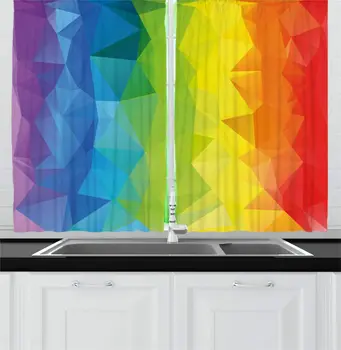 

Multicolor Rainbow Kitchen Curtains Abstract Lively Horizontal Polygons Rainbow Colors Pride Week Facet Pattern for Kitchen