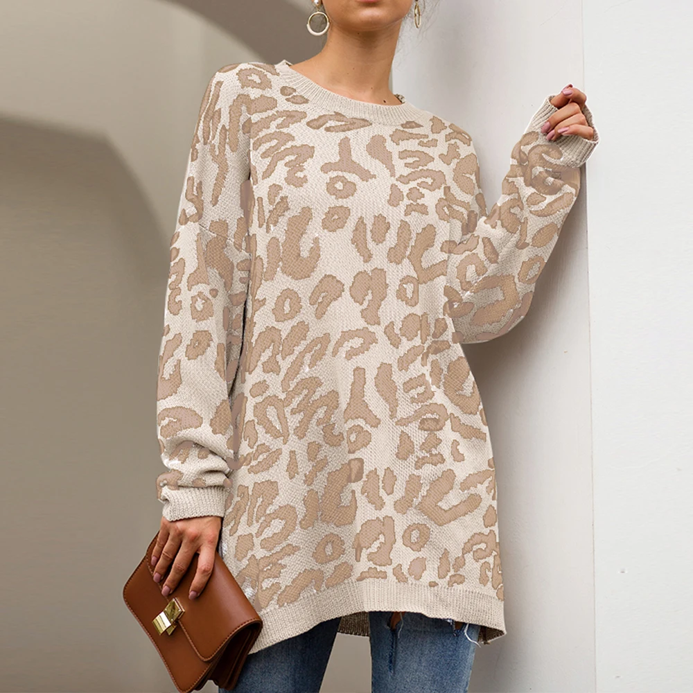 

CYSINCOS Sweater Women Leopard Print Autumn Winter Loose O-Neck Pullover Jumpers Pull Femme Knitted Sweter Clothes Fall 2019