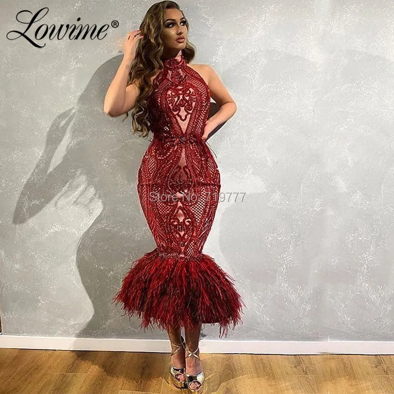 

Tea Length Feather Burgundy Party Dresses Custom Made Sequin Formal Evening Gowns 2019 Vestido De Festa Saudi Arabia Moroccan