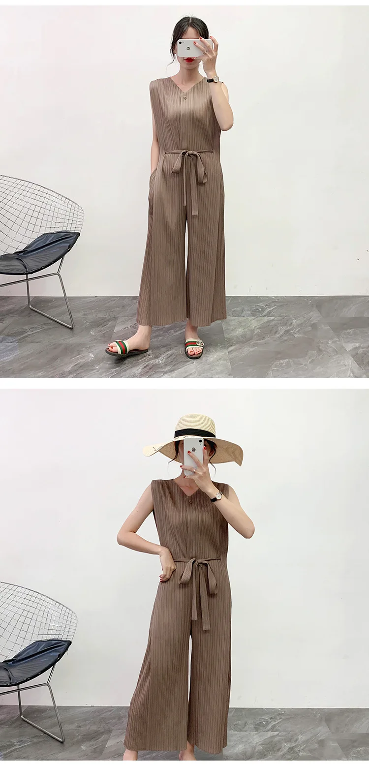 Miyake плиссированный, пожалуйста, женский комбинезон, однотонный, свободный, Повседневный, без рукавов, широкие ноги, боди, новая мода, женский комбинезон размера плюс