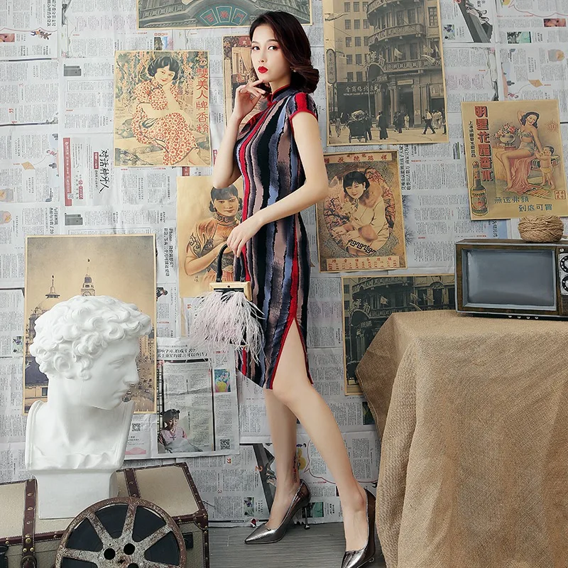 Китайский традиционный винтажный Полосатый Тонкий Qipao Элегантный женский атласный Cheongsam короткое вечернее платье большого размера 3xl Vestidos