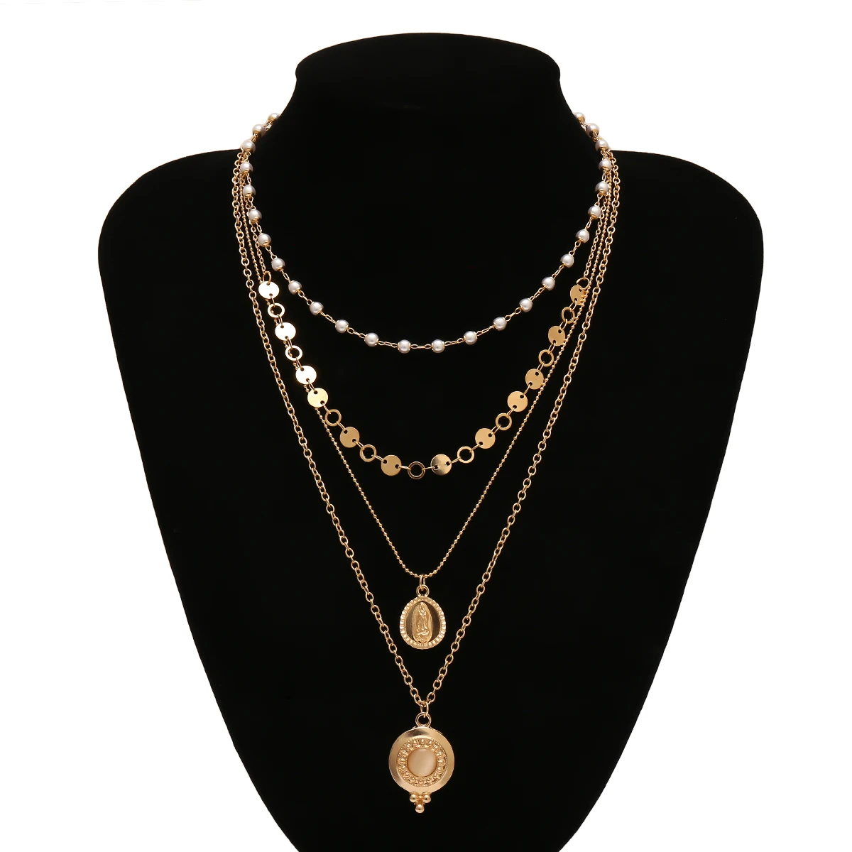 Готическое ожерелье-чокер с искусственным жемчугом Девы Марии, богемное ожерелье с подвеской в виде монетки с пайетками, длинная цепочка, ожерелье для женщин, модное ювелирное изделие