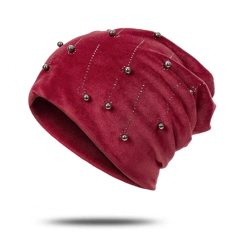 Winter Woman Hat Suede Soft beanie Hat for Women Solid Color Pearl Fashion Winter Warm Hat