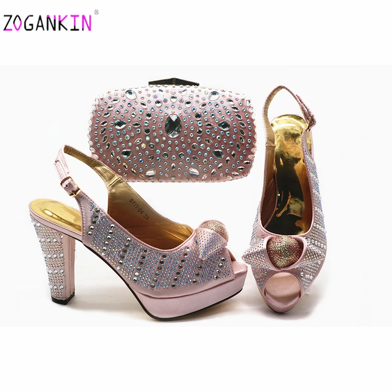 

2019 Hot Selling Pink Color Rhinestone Woman Shoes And Matching Bag Set Italian Style Pumps Shoes And Bag Set For Party