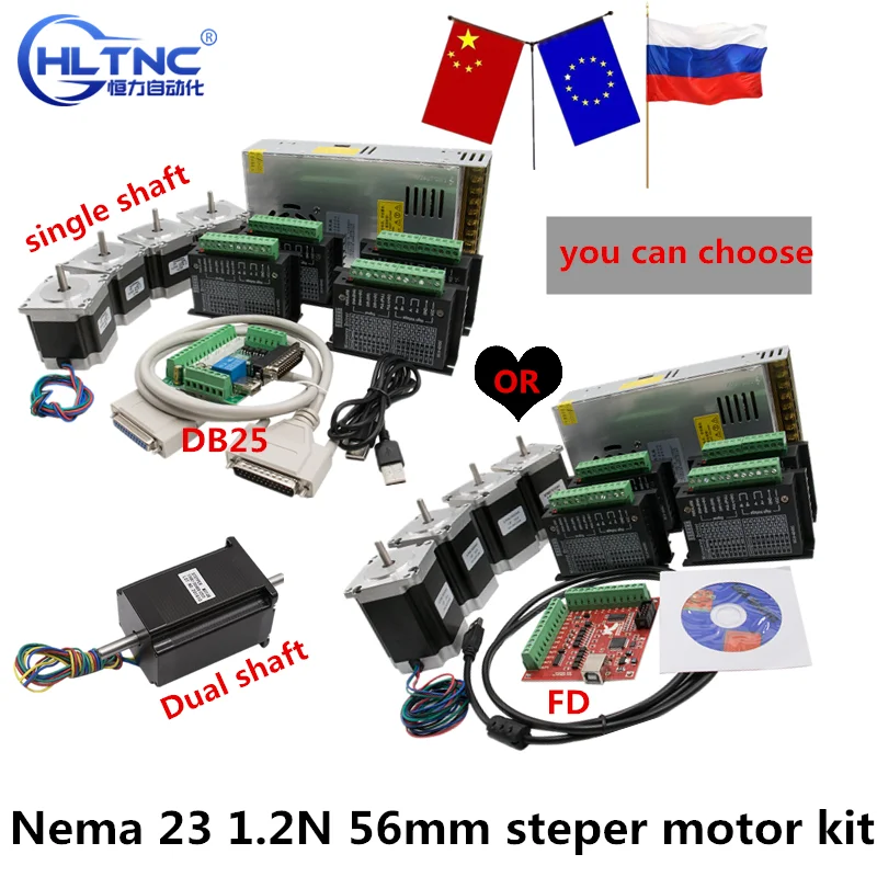 350W Power Supply 24VDC 1 Breakout Board and Parallel Cable for 3D CNC 4 Axis Nema 23 Stepper Motor 1.2N 56mm+TB6600 Diver 4A