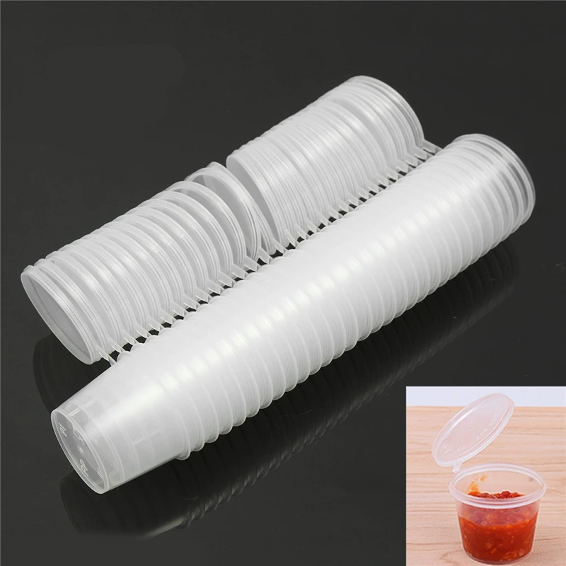 50 Pack 30ml Plastic Condiment Cups with Attached Leak Resistant