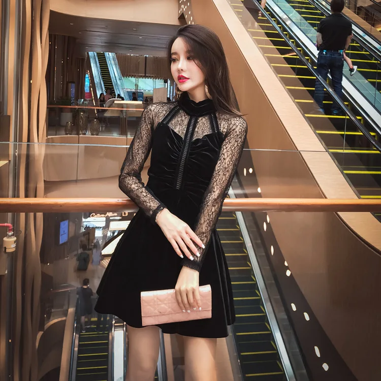 

2019 Autumn New Style Lace Joint Velvet Dress Women's Short-height Waist Hugging Perspective Sexy CHIC Black Dress