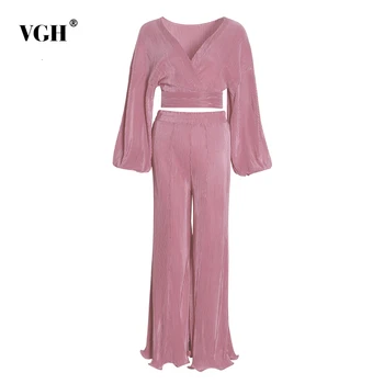 

VGH Bohemian Two Piece Set Womens V Neck Backless Shirts High Waist Oversize Wide Leg Pants Female Suits 2020 Autumn Fashion New