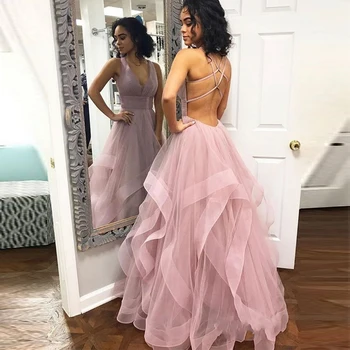 

Sexy Deep V Neck Floor-length Prom Dress Tulle Backless Long Party Evening Dresses Robe de Soiree Femme pour Mariage