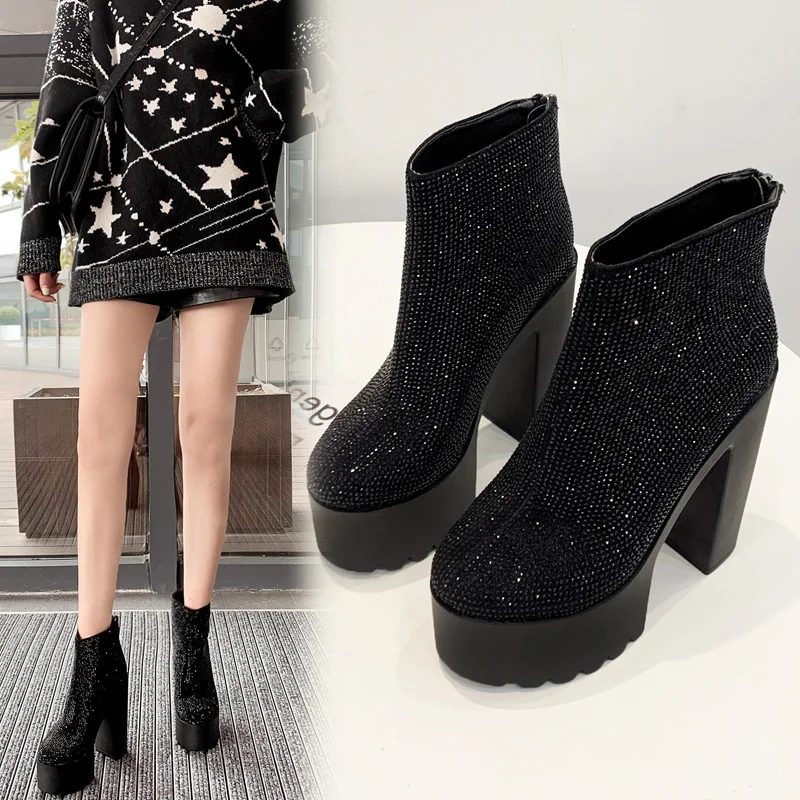 

Lace Up Shoes Chunky Heel Women's Rubber Boots Luxury Designer Bootee Woman 2019 Booties Ladies Round Toe Crystal Clogs