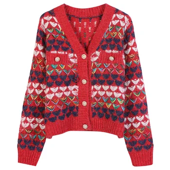 

2020 Autumn Winter Cardigan Sweater Casual Loose Cropped Cardigans V-neck Contrast Color Sweetheart Embroidery Sweater Coat