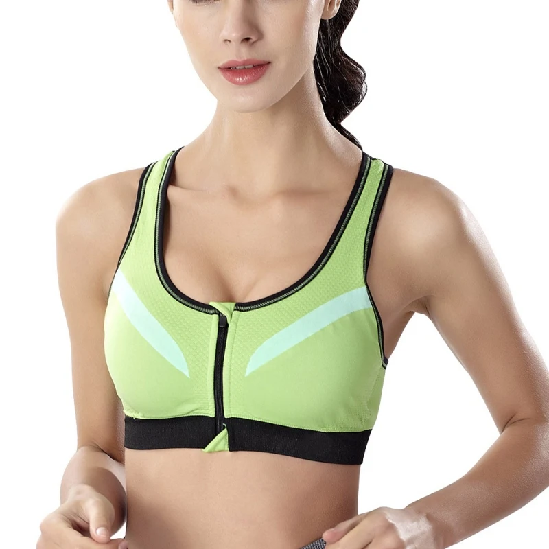 light green Женский Профессиональный эластичный спортивный бюстгальтер на молнии с регулируемым ремнем без ободков, бюстгальтер для йоги, фитнеса, бега, Быстросохнущий ударопрочный фиксированный бюстгальтер - Цвет: light green