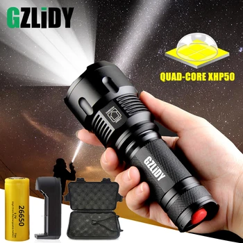 

Powerful XHP50 LED Flashlight Super Bright 3 Lighting Mode Tactical Torch Waterproof Zoomable Hunting Light Using 26650 Battery