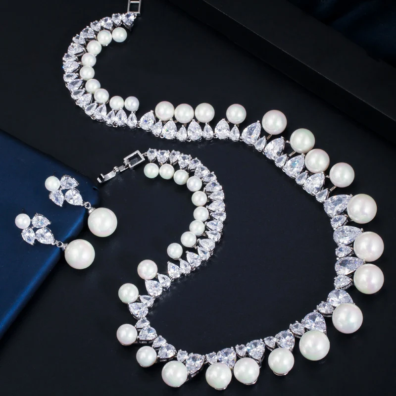 CWWZircons Искрящийся фианит вымощенный круглый большое свадебное Жемчужное ожерелье серьги-гвоздики наборы для женщин вечерние T366