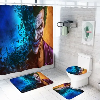 

3D Terror Joker Print Shower Curtain Sets with Non-Slip Rug Toilet Lid Cover Bath Mat and Hooks Super Hero Durable Bathroom Set