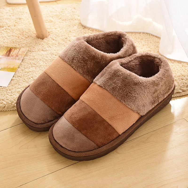 Winter Color Striped Wool Slippers Couple Home Thick Warm Men and Women Cotton Slippers House Slippers Cute Plush Women Shoes