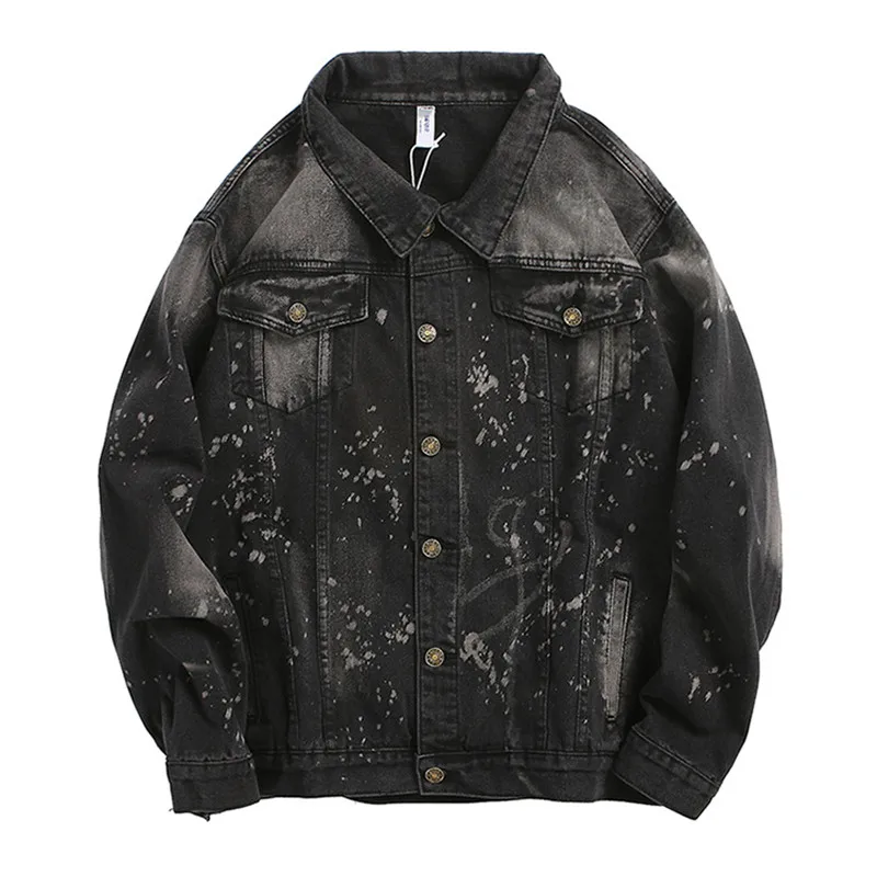 

MORUANCLE Fashion Men's Hi Street Painted Denim Trucker Jackets Streetwear Printed Jean Jacket Outerwear Washed Turn Down Collar