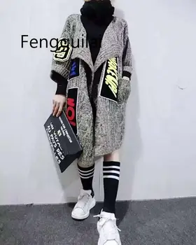 

FENGGUILAI2019 New Women Individuality Appliques Long Cardigans Fashion Thick Knitted Sweater Coat Women's Sweater Shawl Poncho