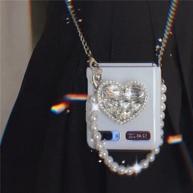 

For Samsung Galaxy Z Flip 5G 4G 3 Luxury Fashion DIY Diamond Love Heart Stand Bracket Crossbody Chain Smooth Folding Case Cover