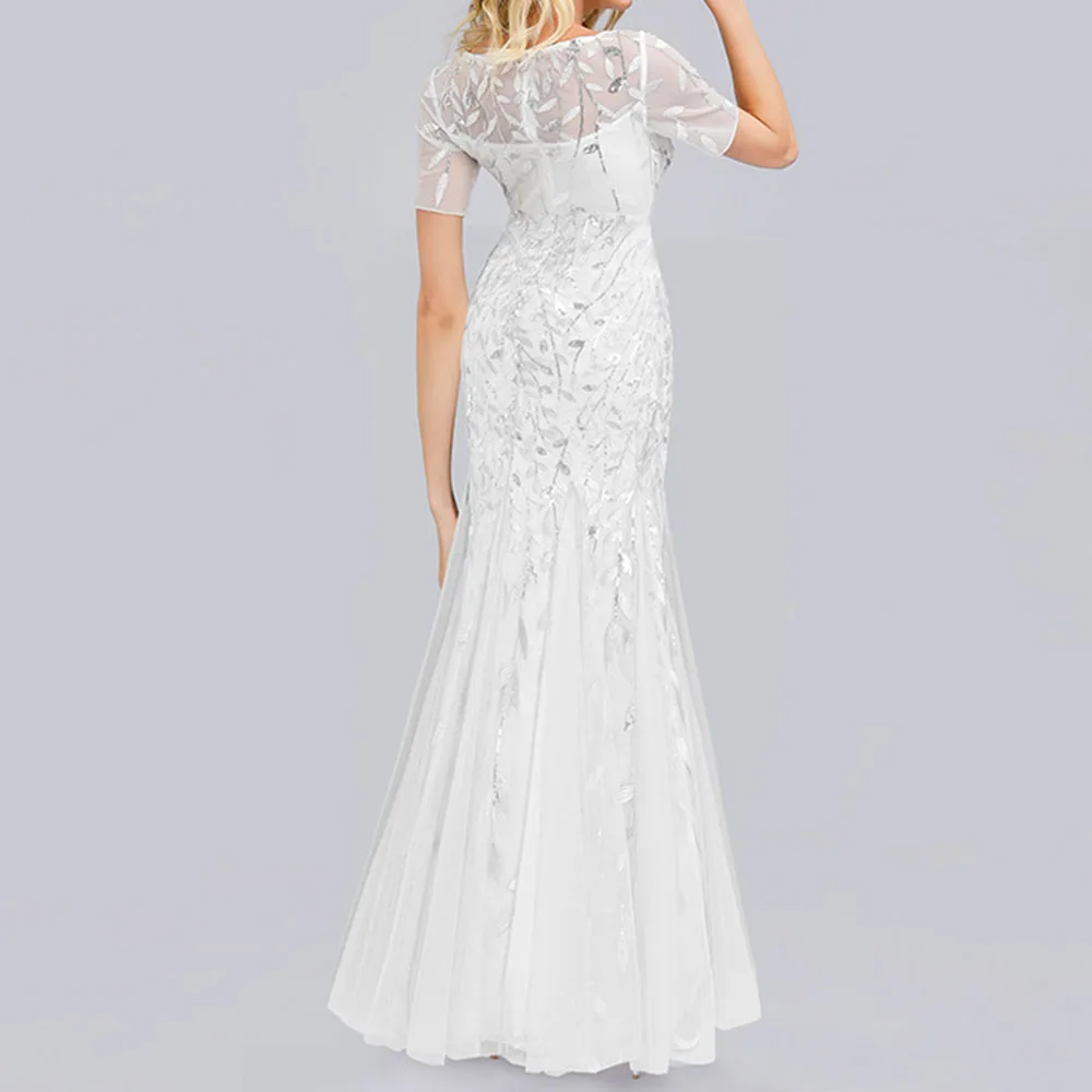 Dressv белое с глубоким круглым декольте Элегантные с коротким рукавом вечернее платье Русалка Блестки Пол Длина прополка праздничный официальный Вечерний платья
