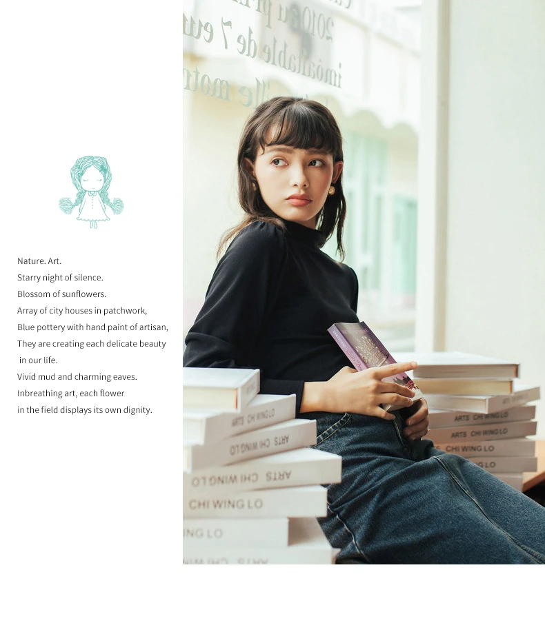 INMAN 2020 Autumn Winter New Arrival Retro French Style High Collar Bubble Long Sleeve Women T-Shirt
