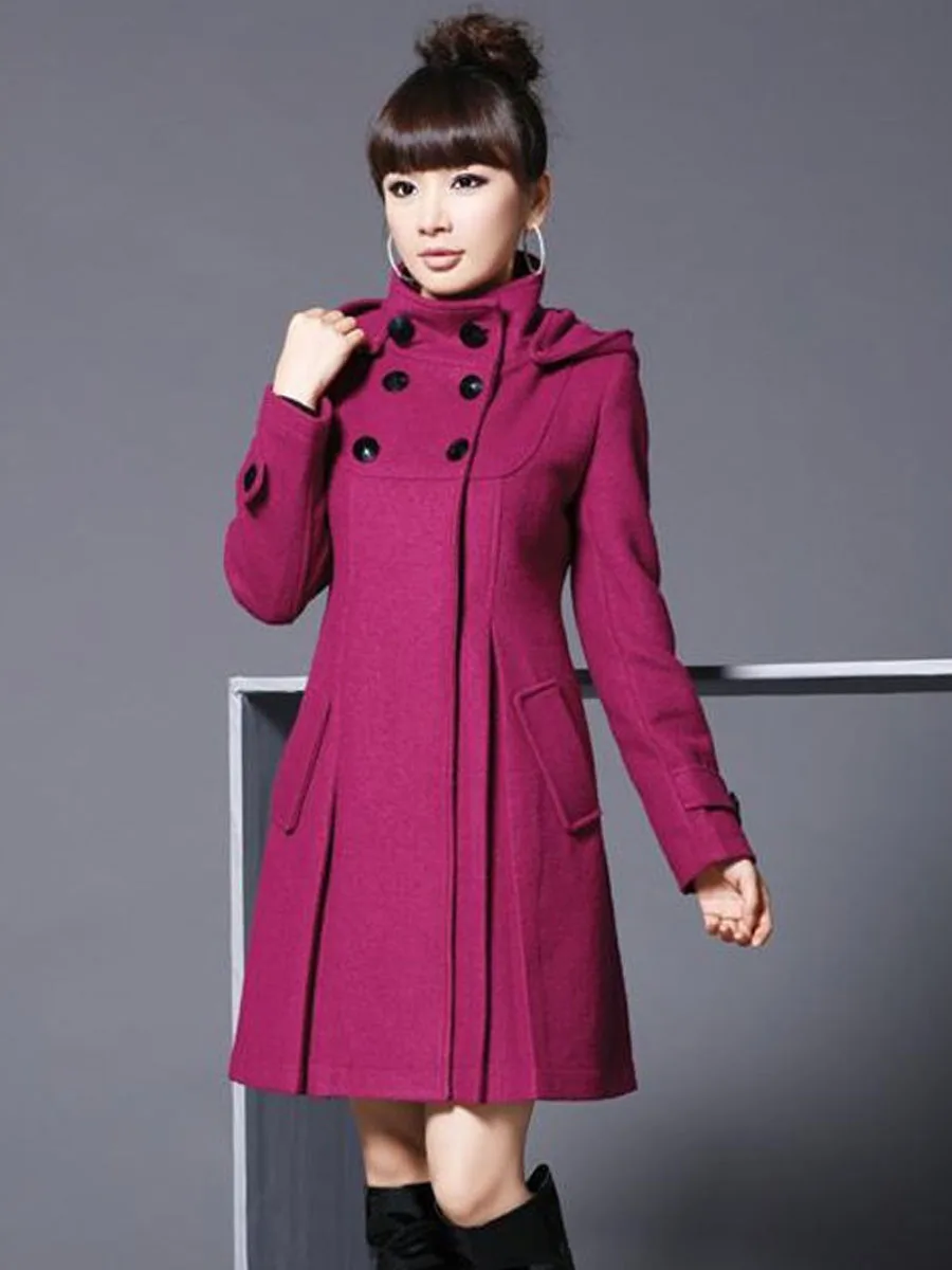 Women Coats Casual Vintage Elegant Winter Black Office Lady Plus Size Slim Hooded Button Green Female Fashion Retro Overcoats