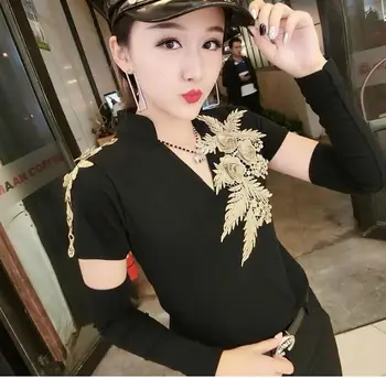 

Fashion Lady Embroidery T-shirts Women Flower Dancing T-shirts Top Female Hollow Out Mesh Patchwork Cotton Tops Pullovers Party