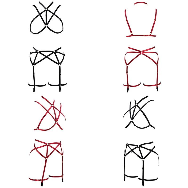 Black Red Body Harness Bondage Belt Elastic Cage Bra Pole Dance  Adjustable Wedding Leg Garter Belt Sexy Lingerie Harness Set