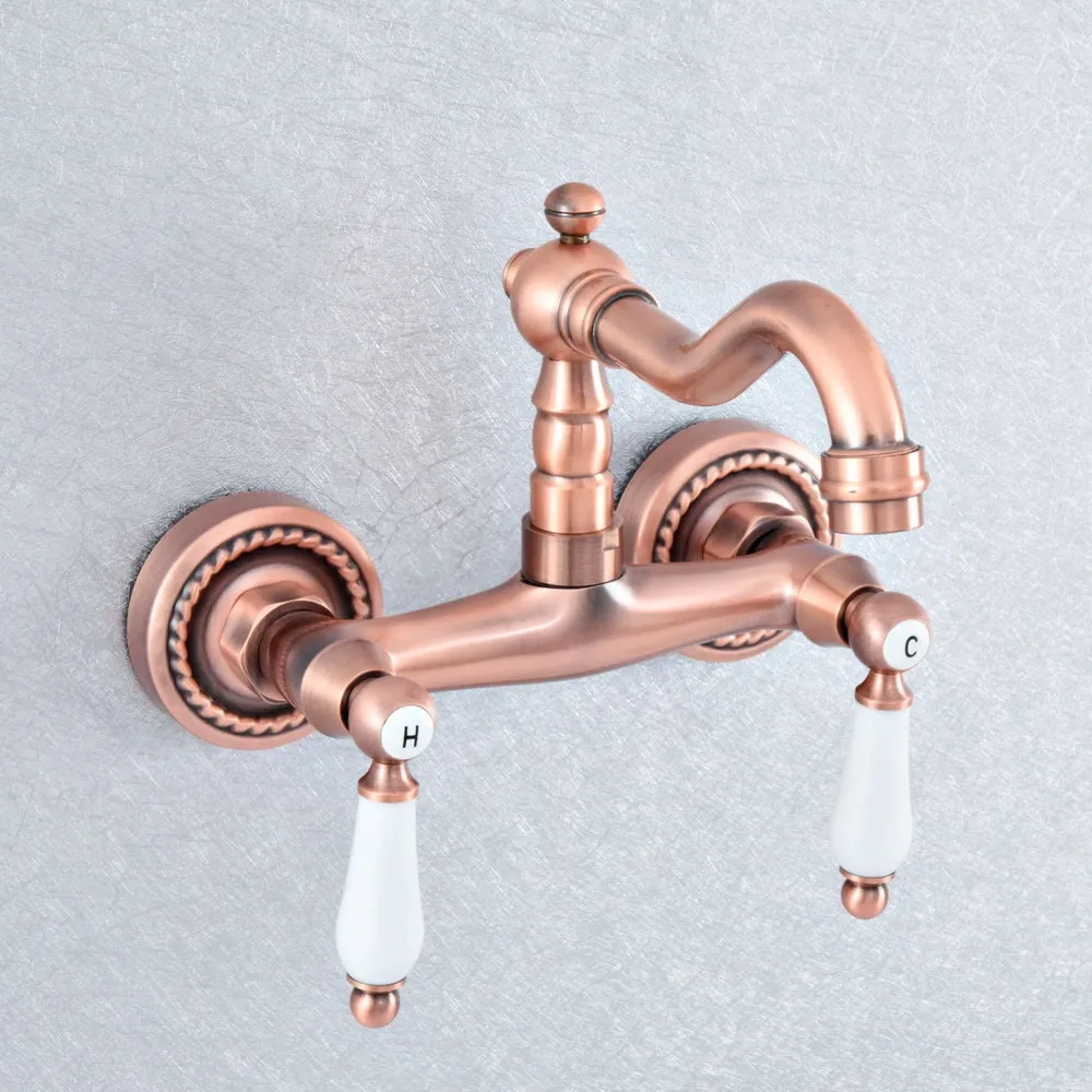 

Antique Red Copper Double Handle Kitchen Faucet Wall Mounted 360 Degree Rotate Bathroom Kitchen Mixers Hot and Cold Tap zsf884