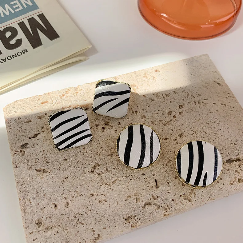 MISSNICE Artificial Leather Black And White Zebra Stripe Pattern Earrings Simple Geometric Design Square Round Jewelry Bijoux | Украшения и