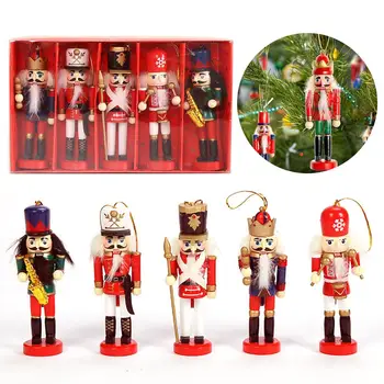 

5PCS Christmas Decoration Nutcracker Ornament Set Wooden Nutcracker Figures Hanging Ornaments For Christmas Tree Decoration