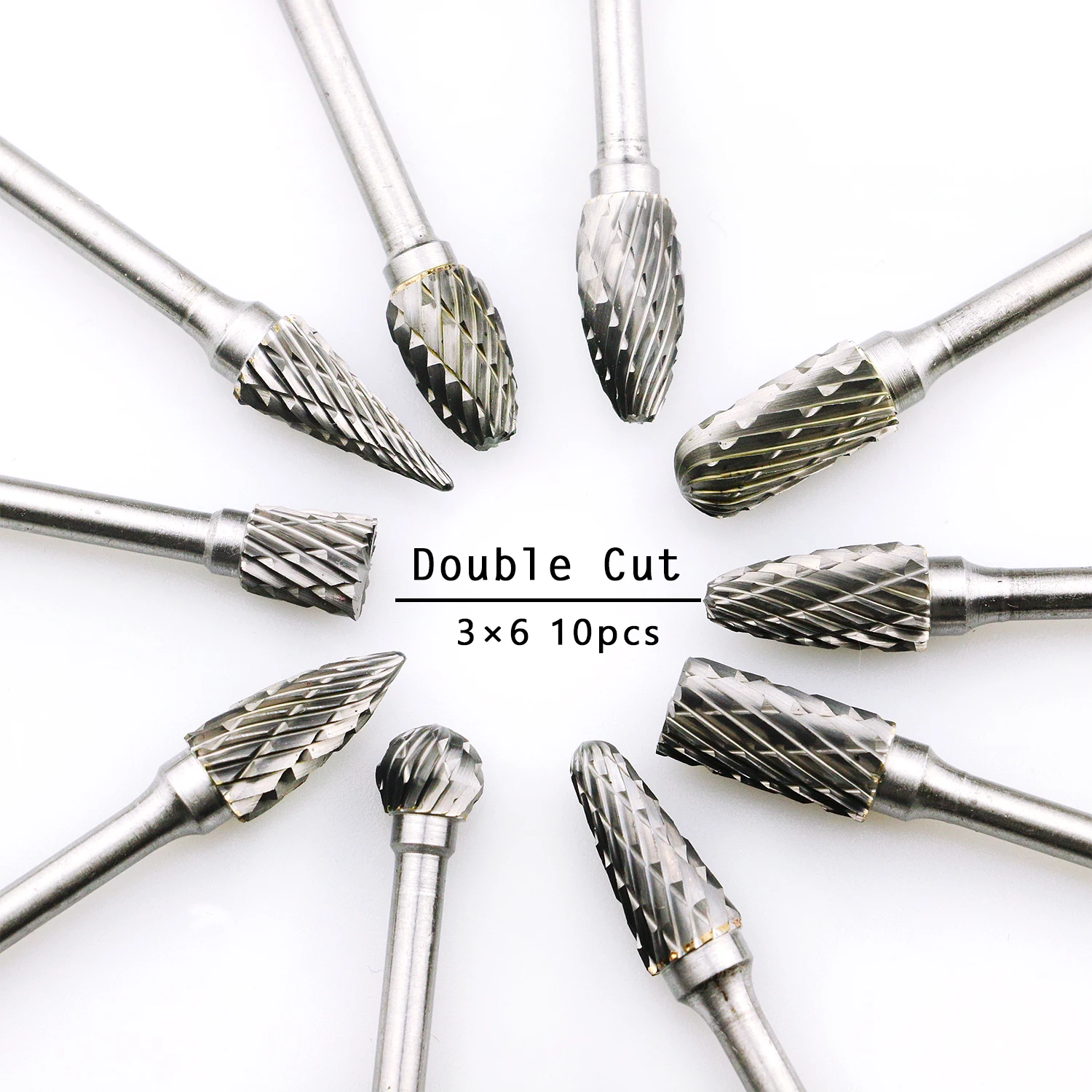 

10pcs Double Cut Tungsten Carbide Rotary burr Set Metal Carving Drilling Polishing Bits with 3mm Shank for Die Grinder