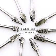 10pcs Double Cut Tungsten Carbide Rotary burr Set Metal Carving Drilling Polishing Bits with 3mm Shank for Die Grinder