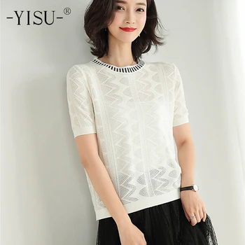 

YISU Simple t-shirts Women Round neck Short-Sleeved Tops Summer Breathable cool t-shirt Ice silk Knitted pullover Women t-shirt