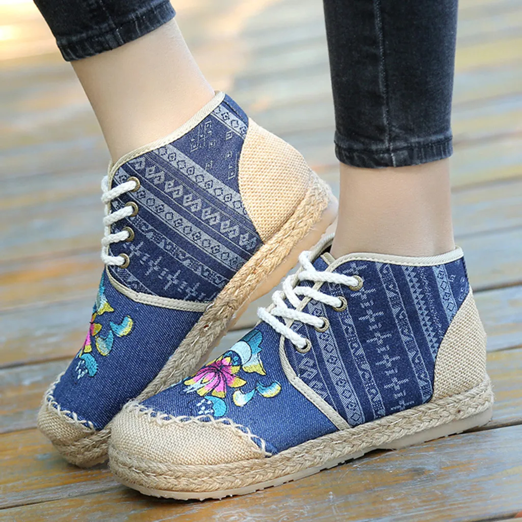 2019 nuevas botas de mujer de moda ocio bordado de cáñamo de punto de  encaje botas cortas planas casuales cómodas y suaves zapatos de punta  redonda|Botas hasta el tobillo| - AliExpress