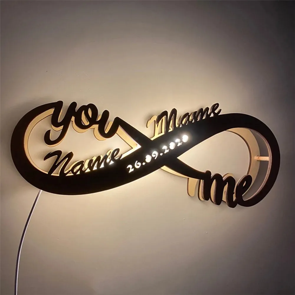 wall light with switch Personalized Infinity I Love You USB LED Night Light Custom Couple Name and Date Wooden Wall Lamp for Home Bedroom Wedding Decor led wall lamp